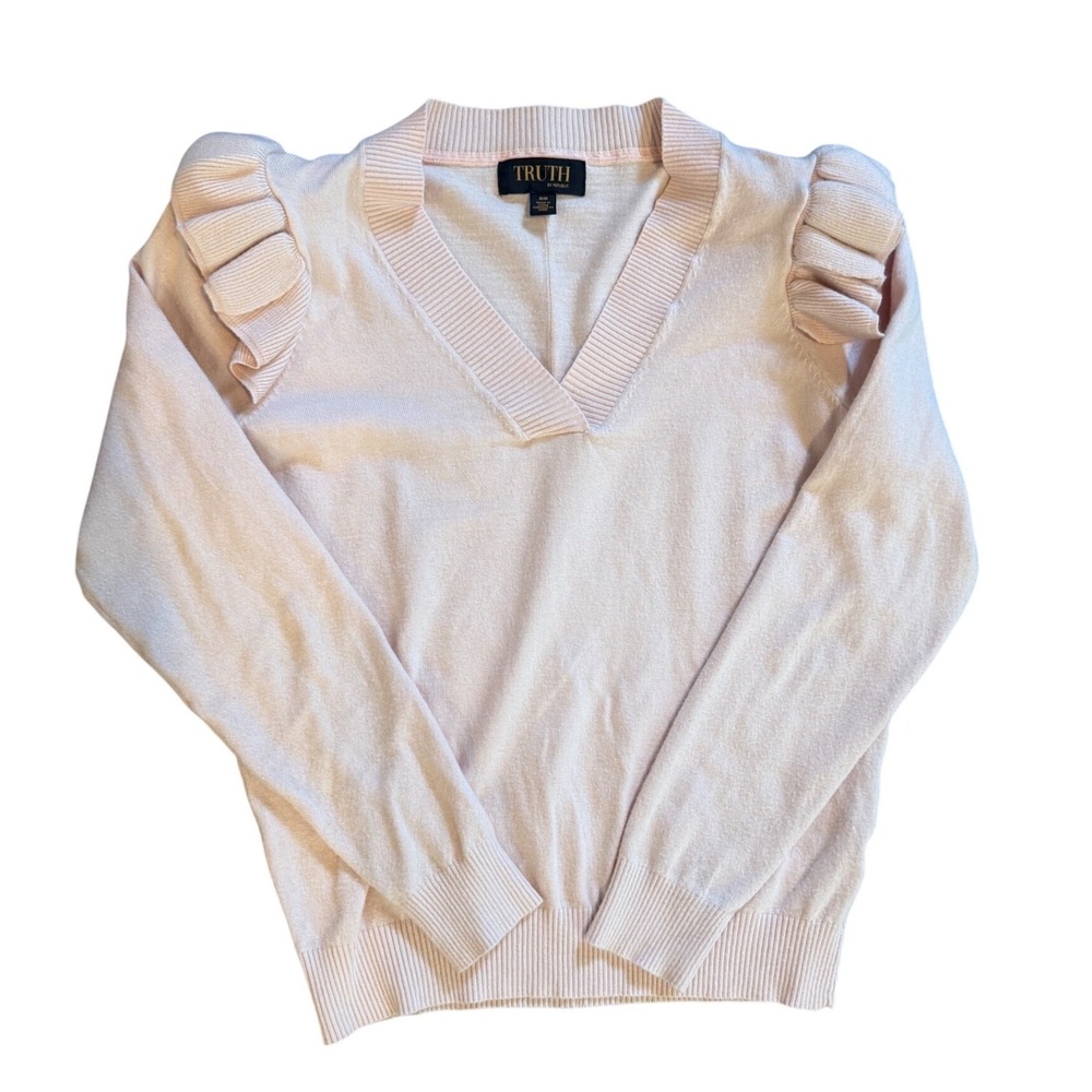 Truth by Republic Womens Blush Pink Ruffle Shoulder V-Neck Sweater Size M